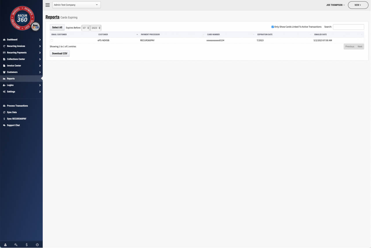 Screenshot of View Customer Cards Expiring in RECUR360