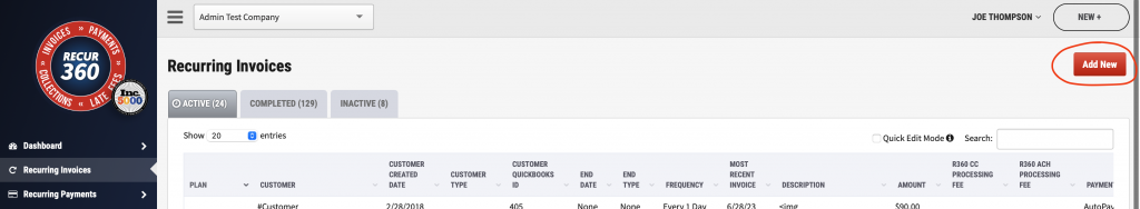 Screenshot of RECUR360 recurring invoices add new button