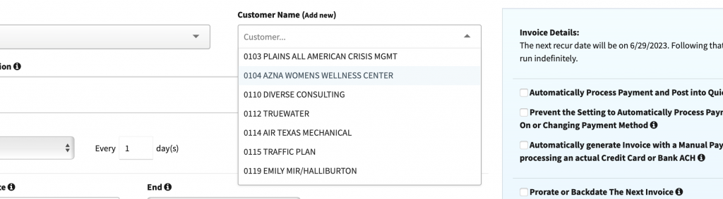 Screenshot of customer name dropdown