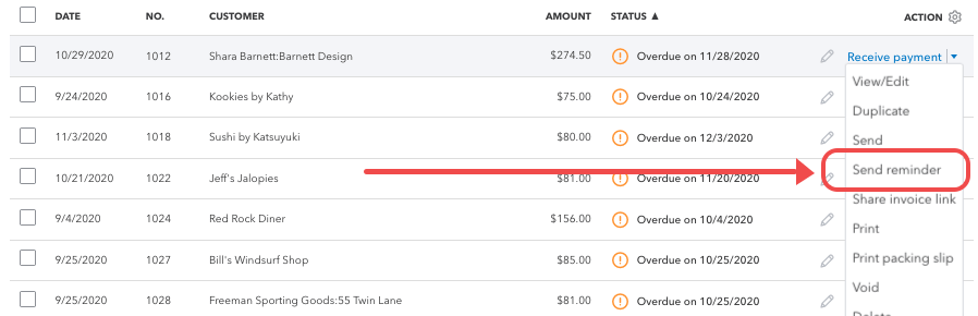 Click send reminder in quickbooks