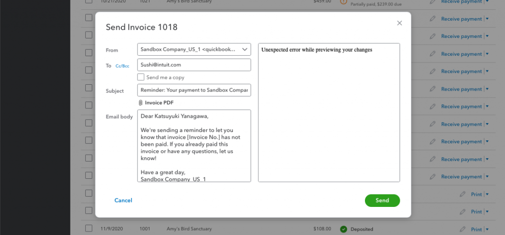 Preview your invoice in quickbooks popover