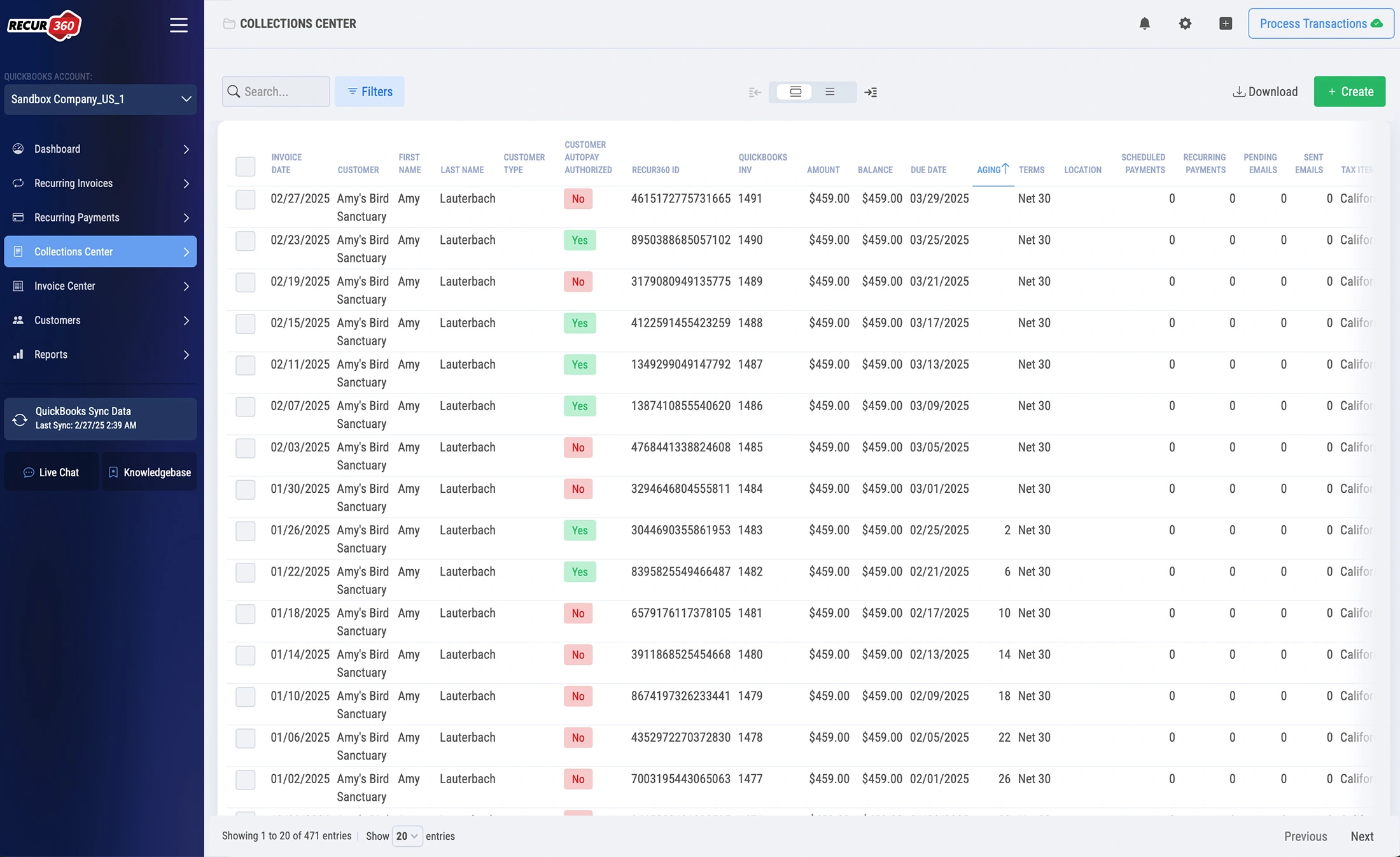 Screenshot of RECUR360 Recurring Invoices Page