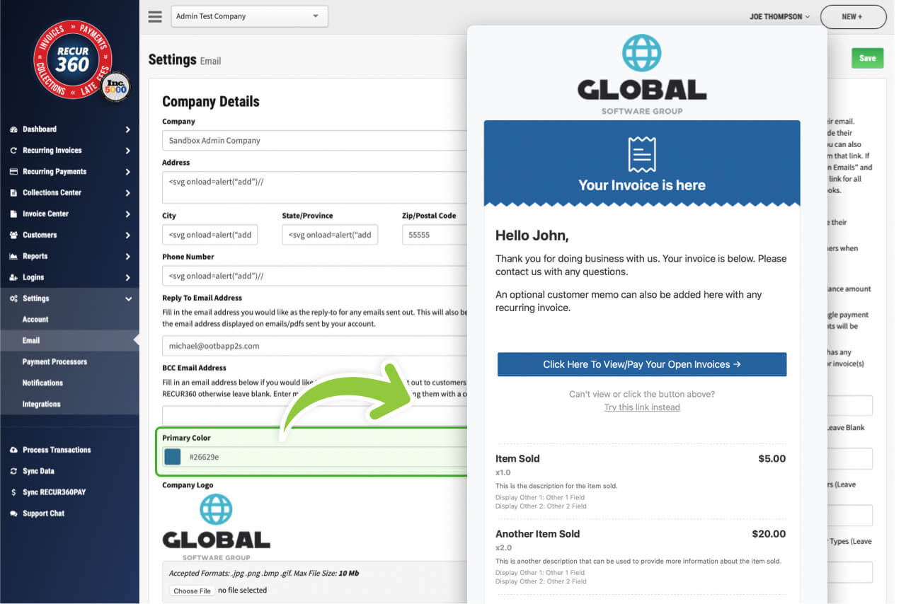 Screenshot of Customize your company color on emailed Invoices