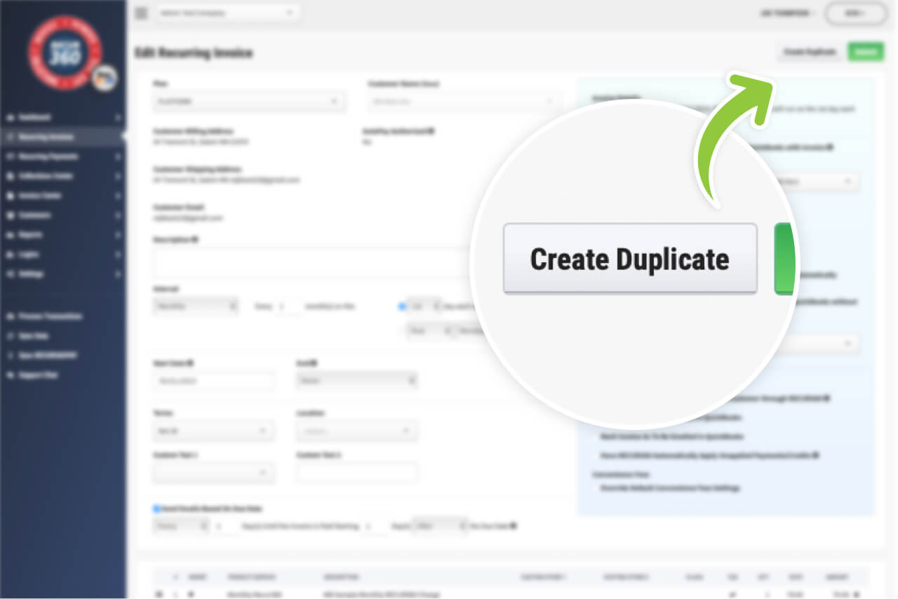Screenshot of Duplicate Recurring Invoice and All Settings for New Customer in RECUR360