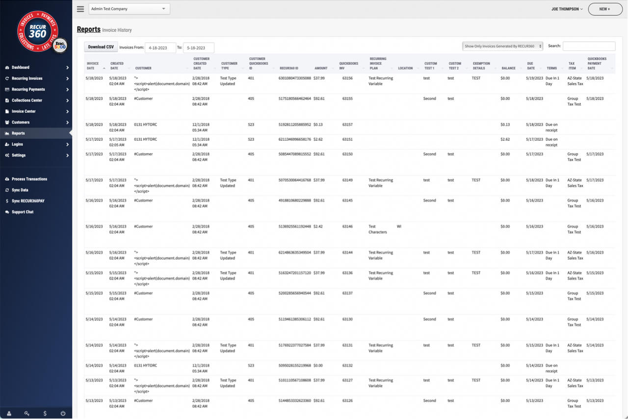 Screenshot of Invoice History Report in RECUR360